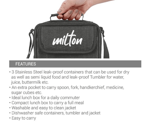 MILTON New Steel Combi Lunch Box, 3 Containers and 1 Tumbler with Jacket, Set of 4, Black | Food Grade | Light Weight | Dishwasher Safe | Easy to Carry | Leak Proof - Image 6